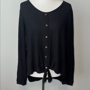 Truself Black Faux Button-Down Long Sleeve Waffle Knit Tie Front Women's Top XL